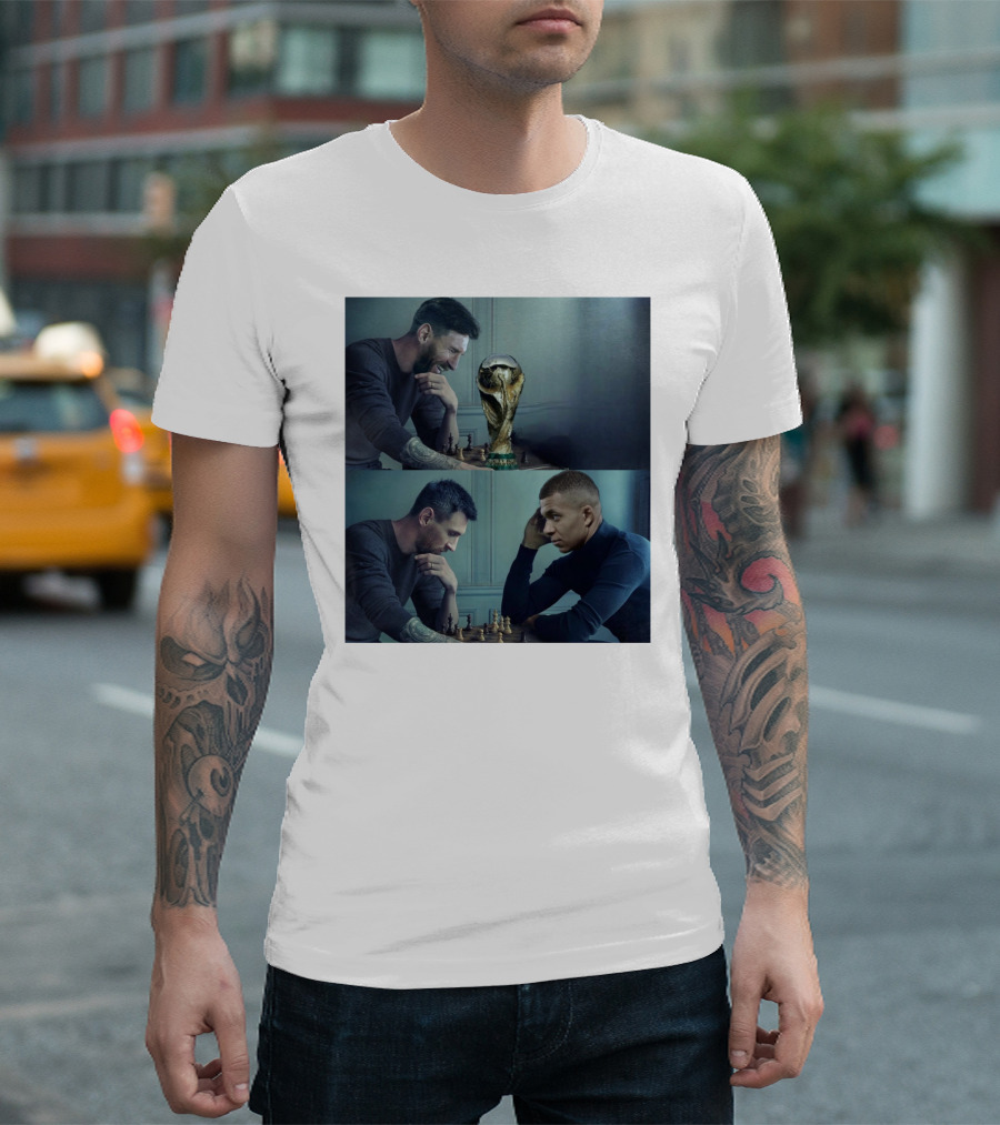 Lionel Messi And Kylian Mbappe Chess Match With FIFA World Cup Trophy T-Shirt