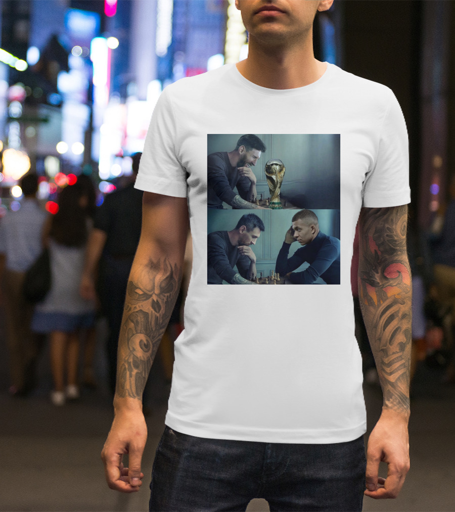 Lionel Messi And Kylian Mbappe Chess Match With FIFA World Cup Trophy T-Shirt
