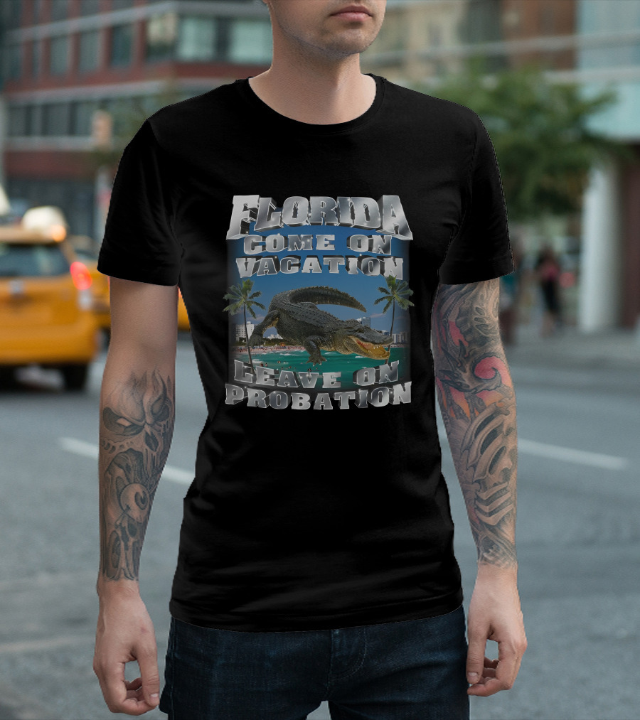 Florida Come On Vacation Leave On Probation Alligator Palm Trees Beach Scene T-Shirt