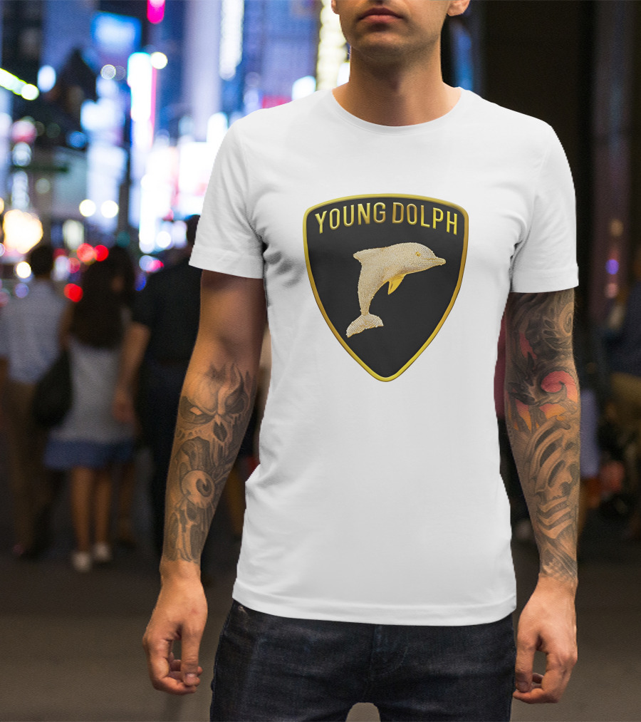 Young Dolph Rich Slave Emblem Gold Dolphin Badge T-Shirt