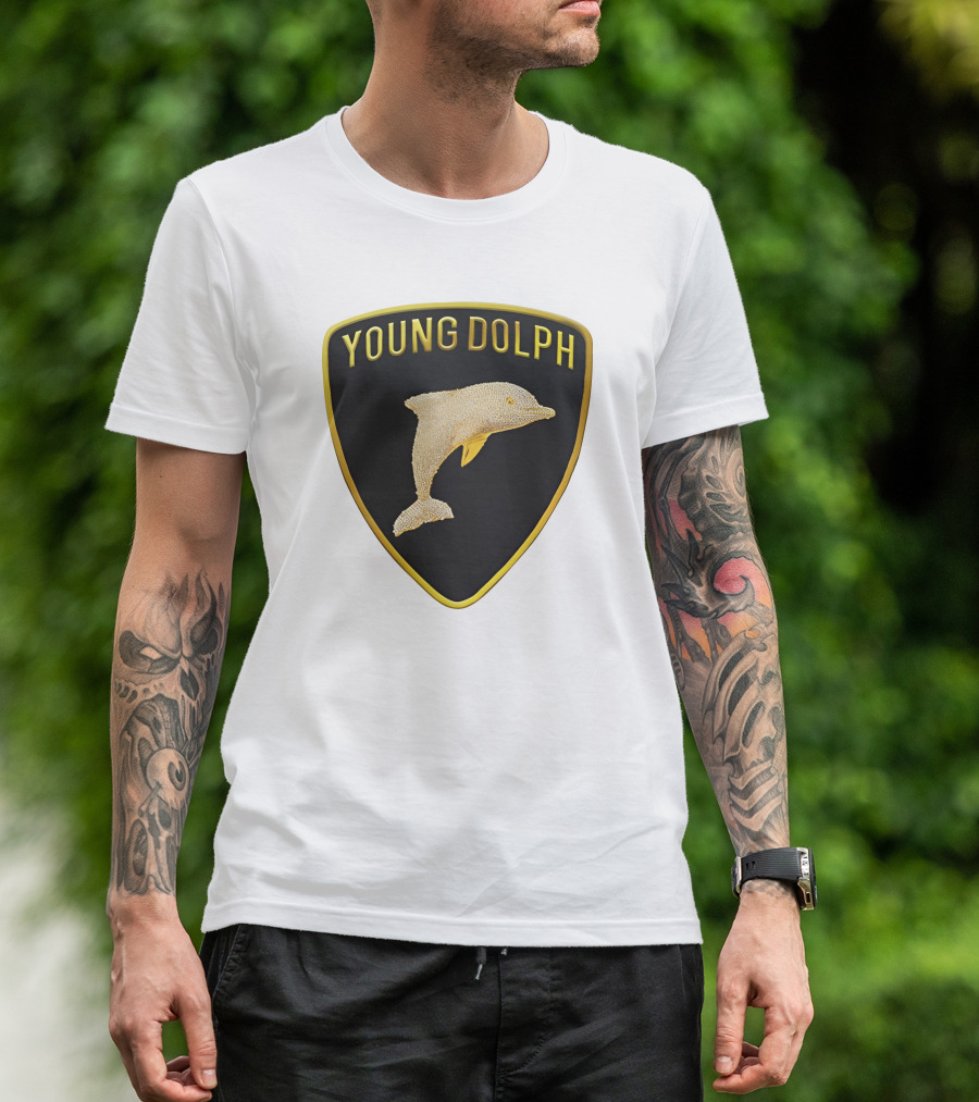 Young Dolph Rich Slave Emblem Gold Dolphin Badge T-Shirt