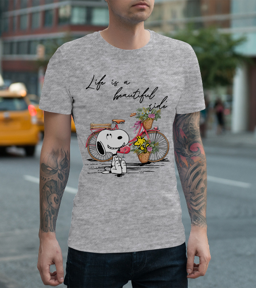 Life Is A Beautiful Ride with Snoopy and Woodstock on Floral Bicycle T-Shirt