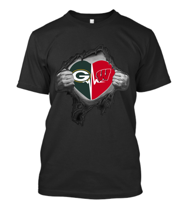 Green Bay Packers Wisconsin Badgers Heart Inside Hands Peeling Revealing T-Shirt
