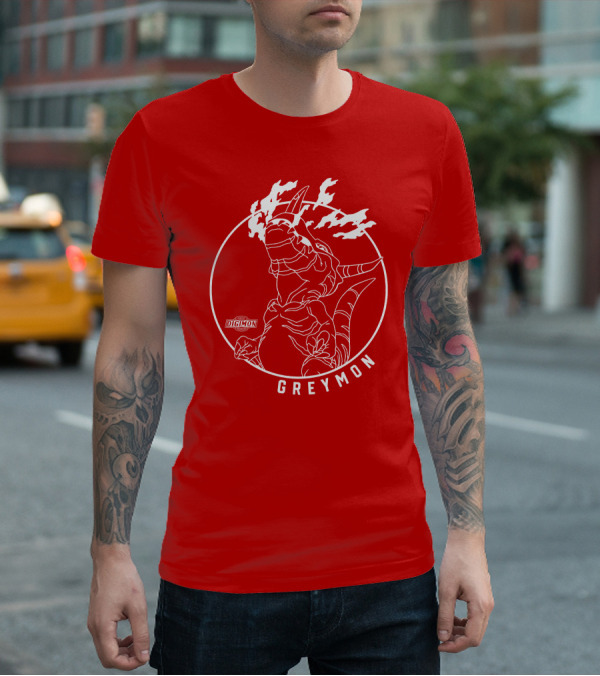 Digimon Greymon White Outline Red Circle T-Shirt