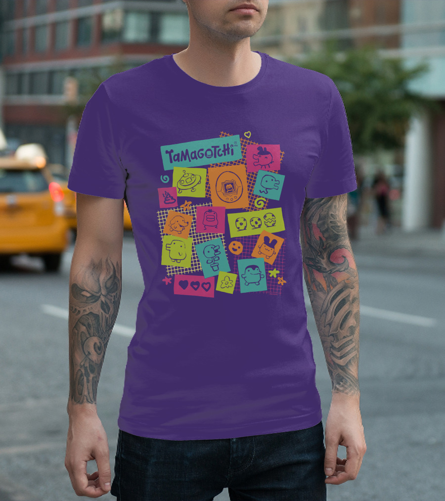 Tamagotchi Neon Character Collage with Hearts and Stars T-Shirt