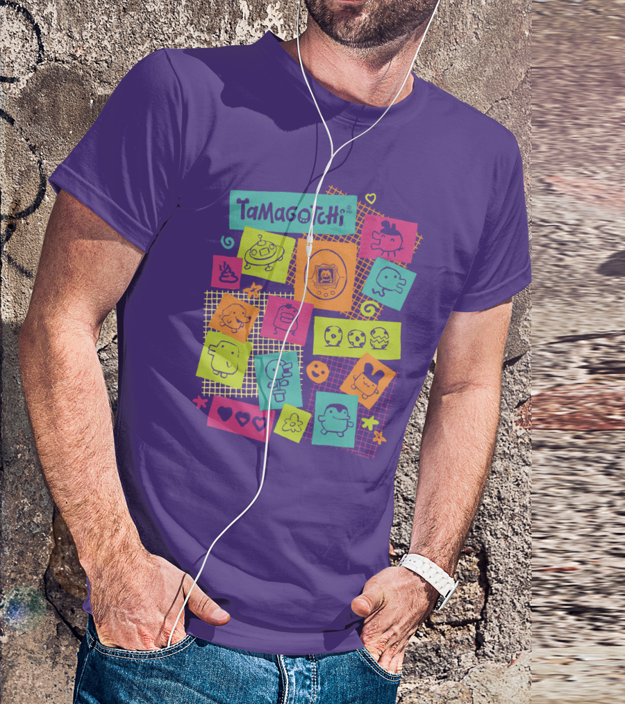 Tamagotchi Neon Character Collage With Hearts And Stars T-Shirt