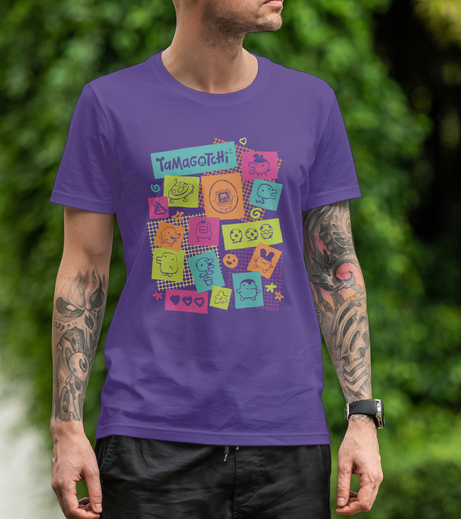 Tamagotchi Neon Character Collage With Hearts And Stars T-Shirt