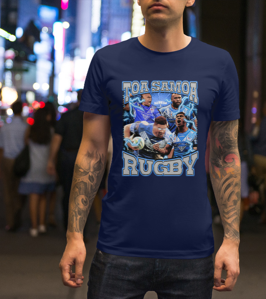 Toa Samoa Rugby Blue Jersey Action Lightning Background T-Shirt