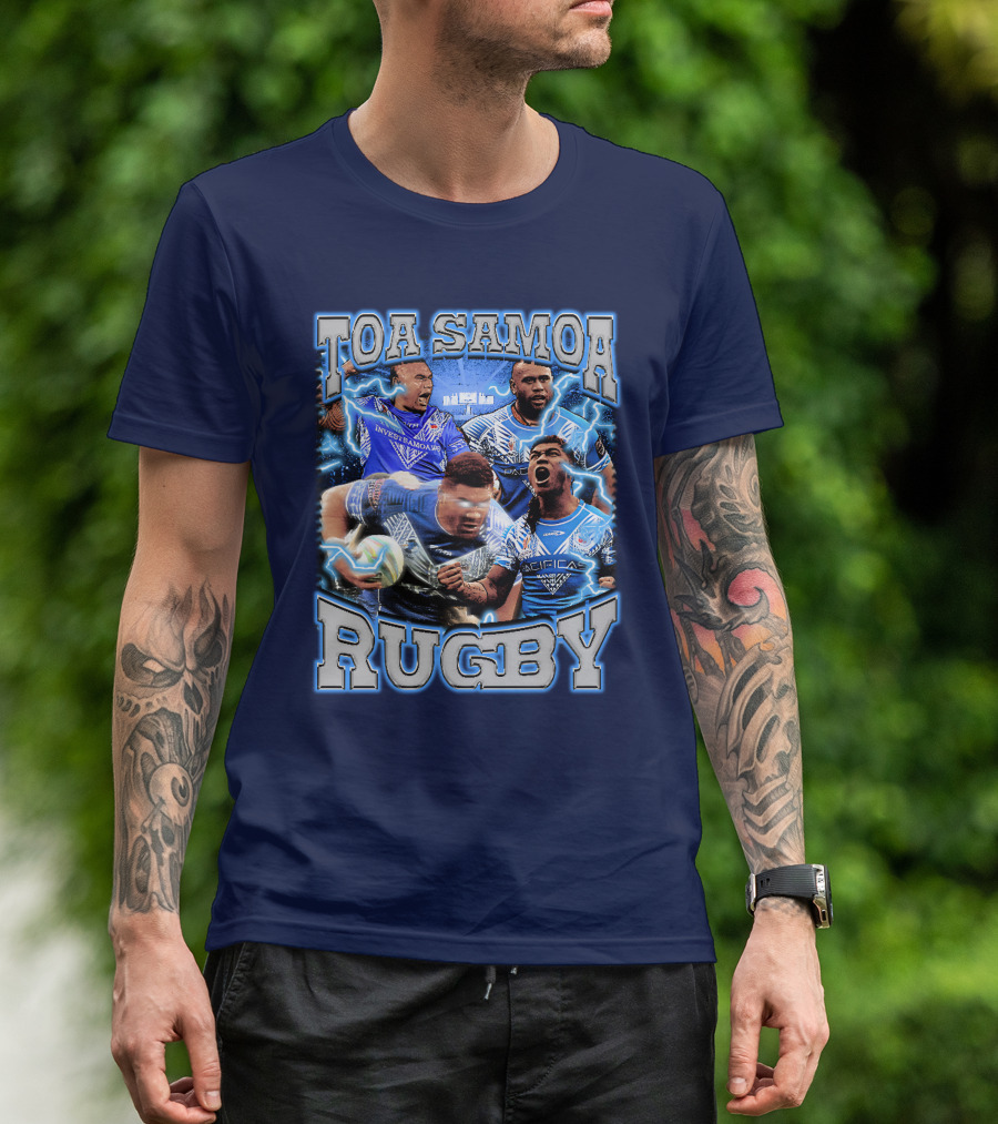 Toa Samoa Rugby Blue Jersey Action Lightning Background T-Shirt