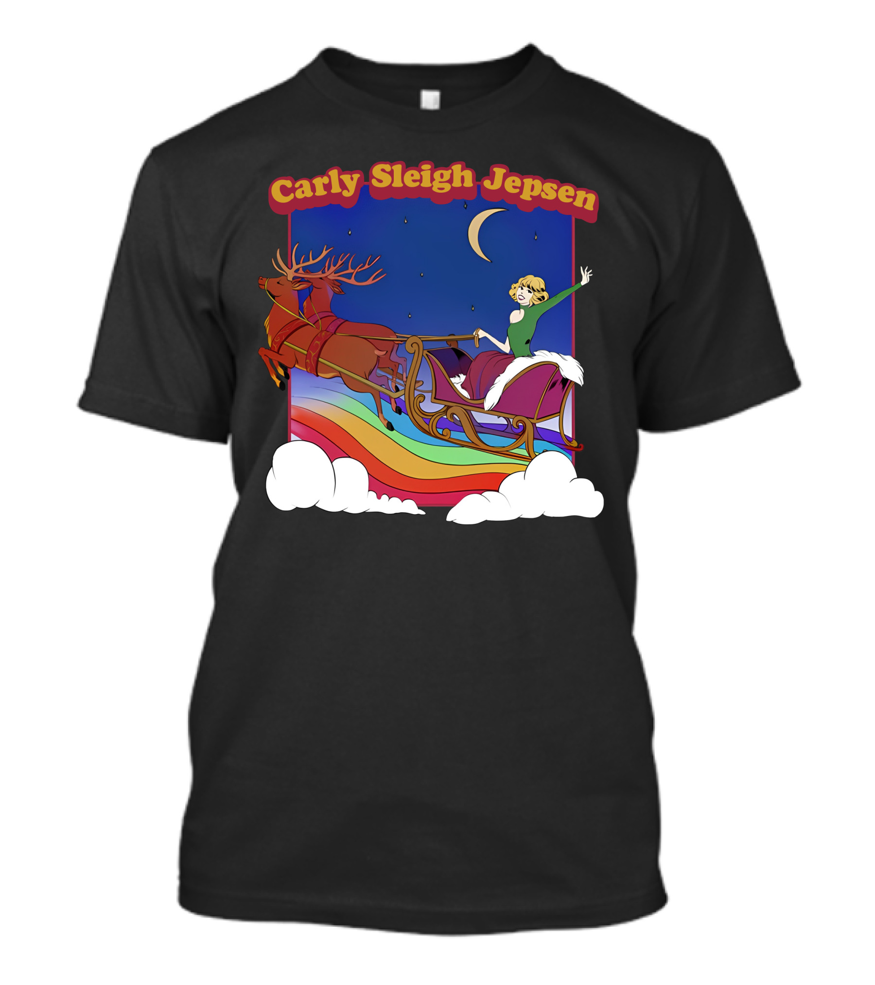 Carly Sleigh Jepsen Christmas Youth Sleigh Ride With Reindeer Retro Rainbow Sky T-Shirt