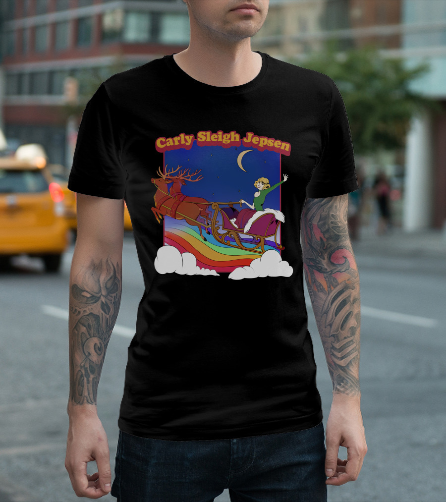 Carly Sleigh Jepsen Christmas Youth Sleigh Ride With Reindeer Retro Rainbow Sky T-Shirt