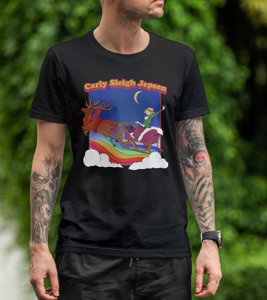 Carly Sleigh Jepsen Christmas Youth Sleigh Ride With Reindeer Retro Rainbow Sky T-Shirt
