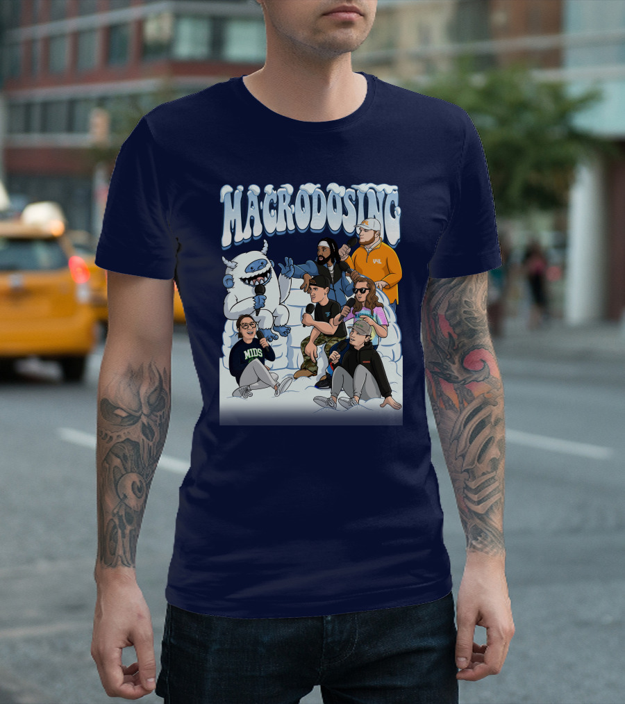 Macrodosing Yeti Podcast Group in Ice Fortress Scene with Microphones and Laughter T-Shirt