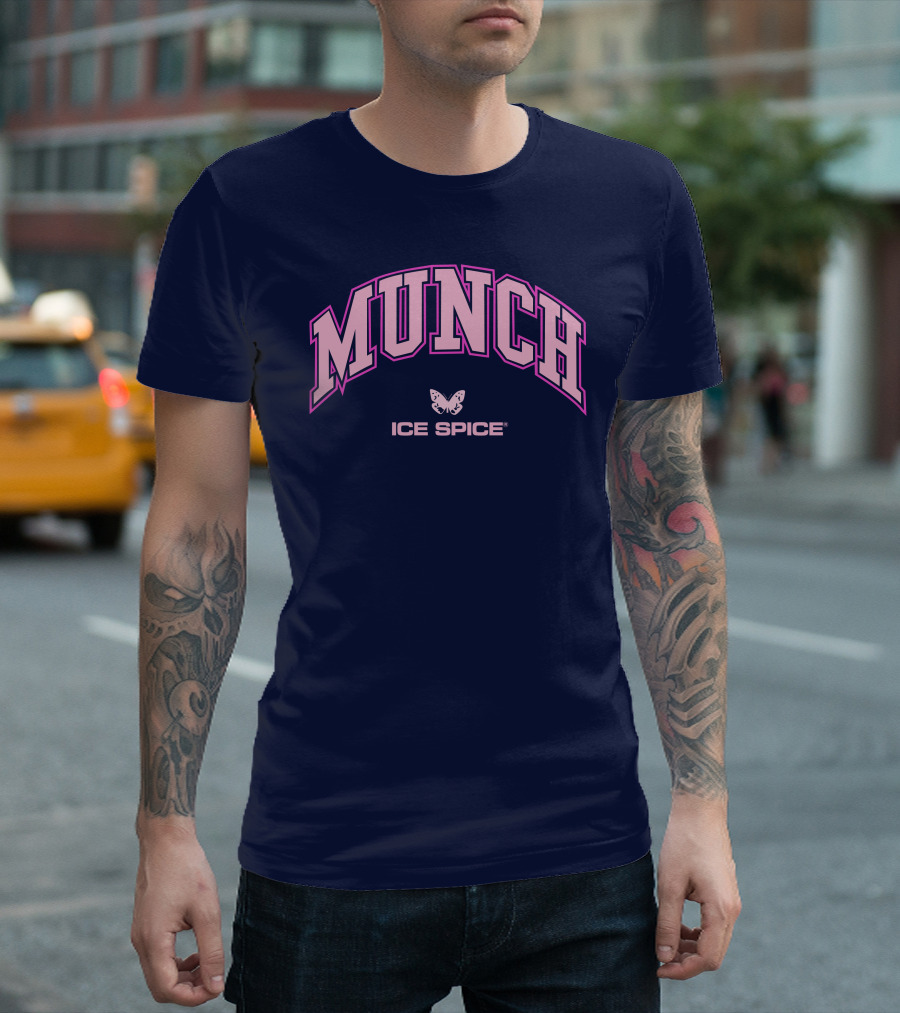 Munch Butterfly Ice Spice Pink Lettering Dark Blue Background T-Shirt
