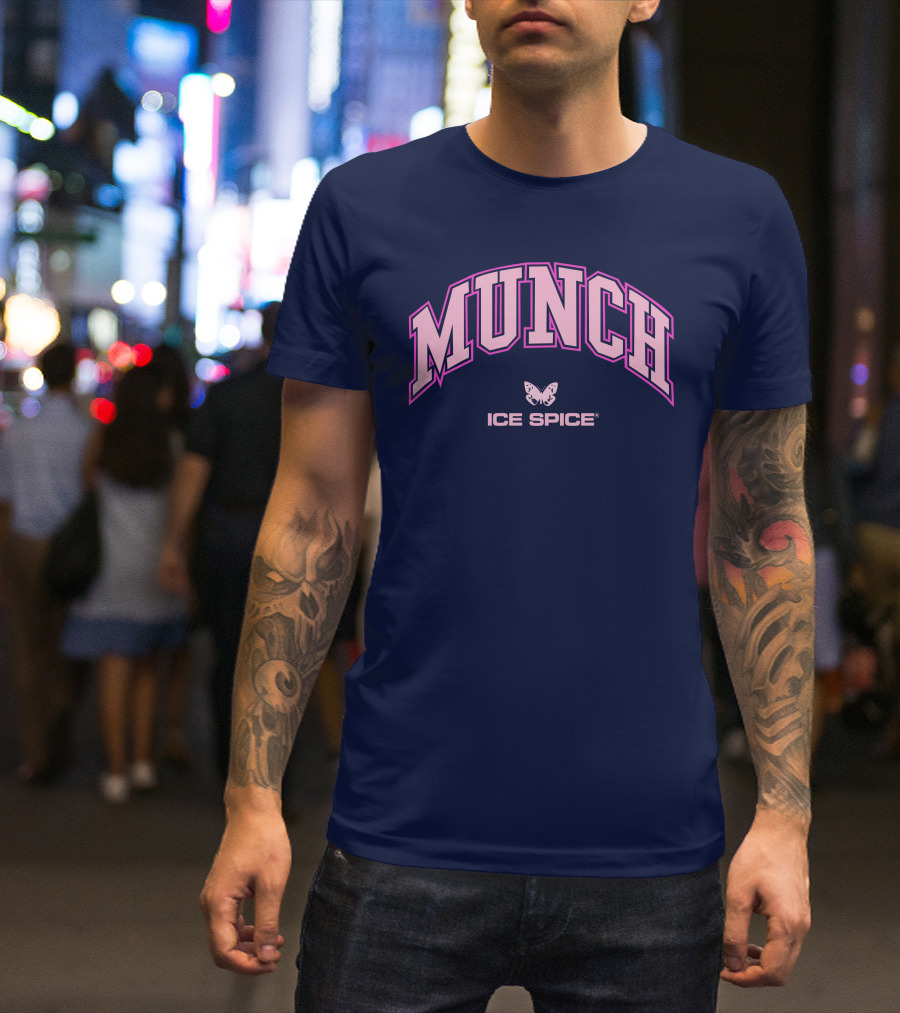 Munch Butterfly Ice Spice Pink Lettering Dark Blue Background T-Shirt