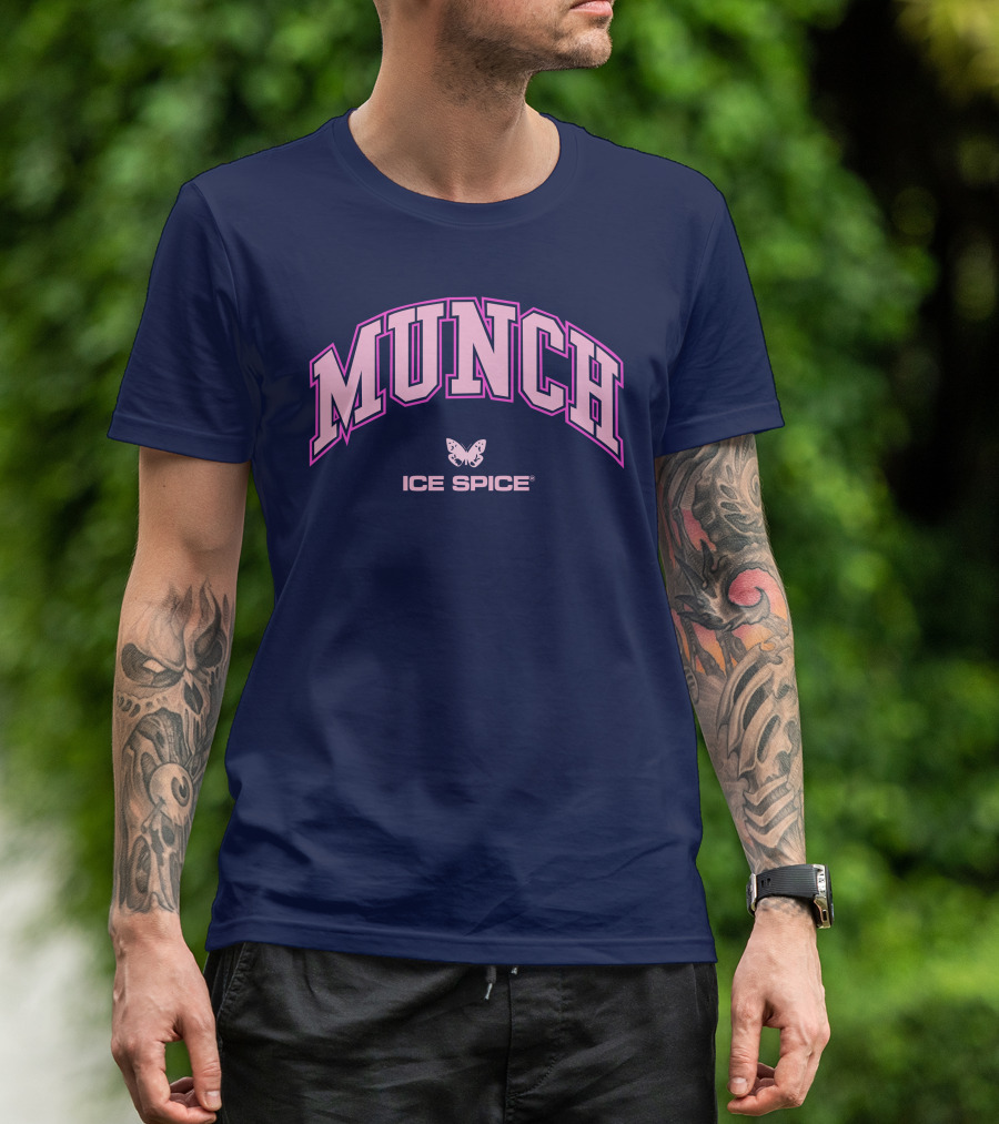 Munch Butterfly Ice Spice Pink Lettering Dark Blue Background T-Shirt