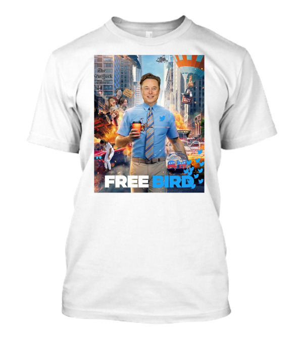 Elon Musk Free Bird I'm Leaving Twitter Chaos Explosion Cityscape Car Plane Twitter T-Shirt