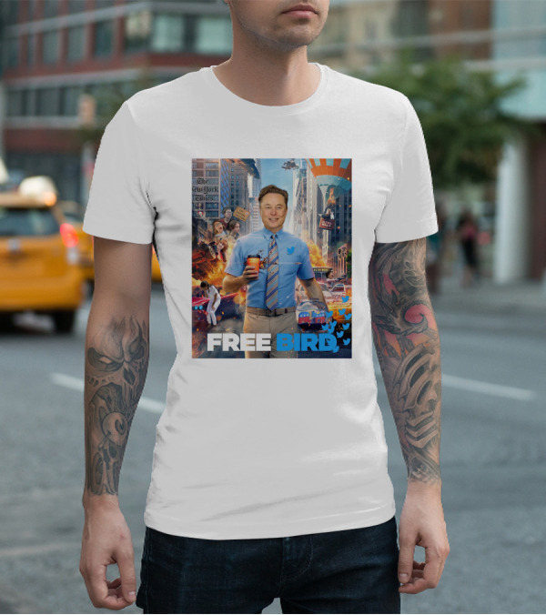 Elon Musk Free Bird I'm Leaving Twitter Chaos Explosion Cityscape Car Plane Twitter T-Shirt