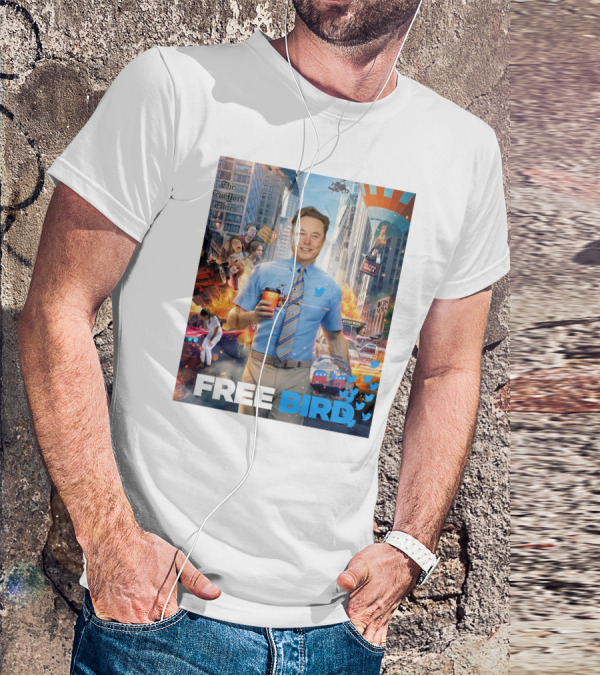 Elon Musk Free Bird I'm Leaving Twitter Chaos Explosion Cityscape Car Plane Twitter T-Shirt