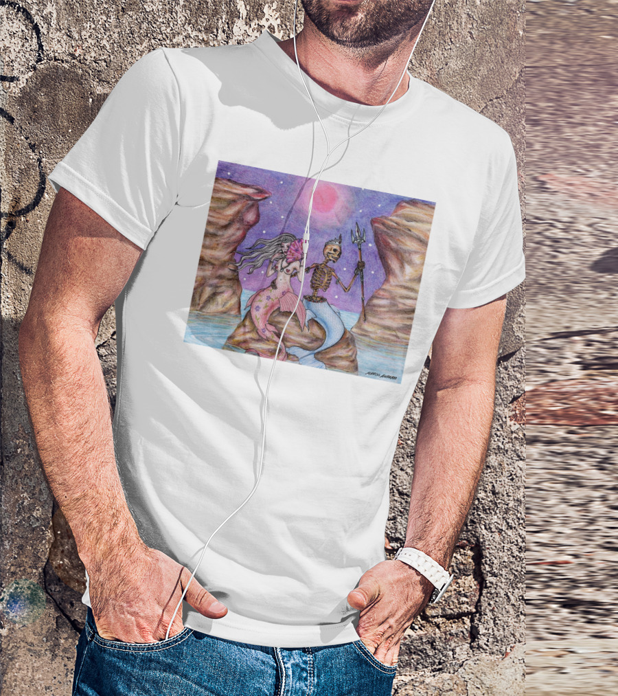 Marcos Alvarado Sea Of Love Mermaid And Skeleton Under Pink Moon T-Shirt