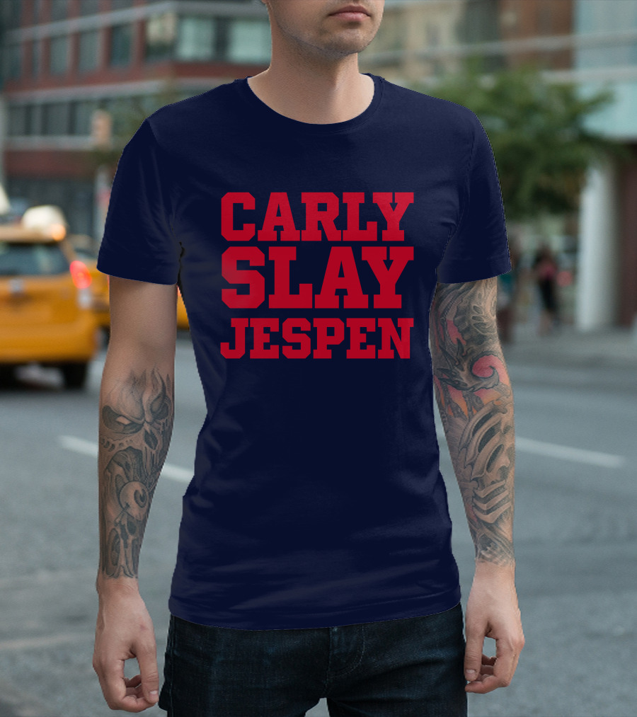 Carly Slay Jespen Bold Red Typography on Navy Background T-Shirt