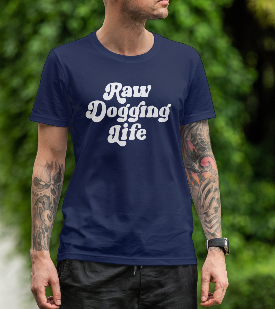 Raw Dogging Life White Retro Font Navy T-Shirt