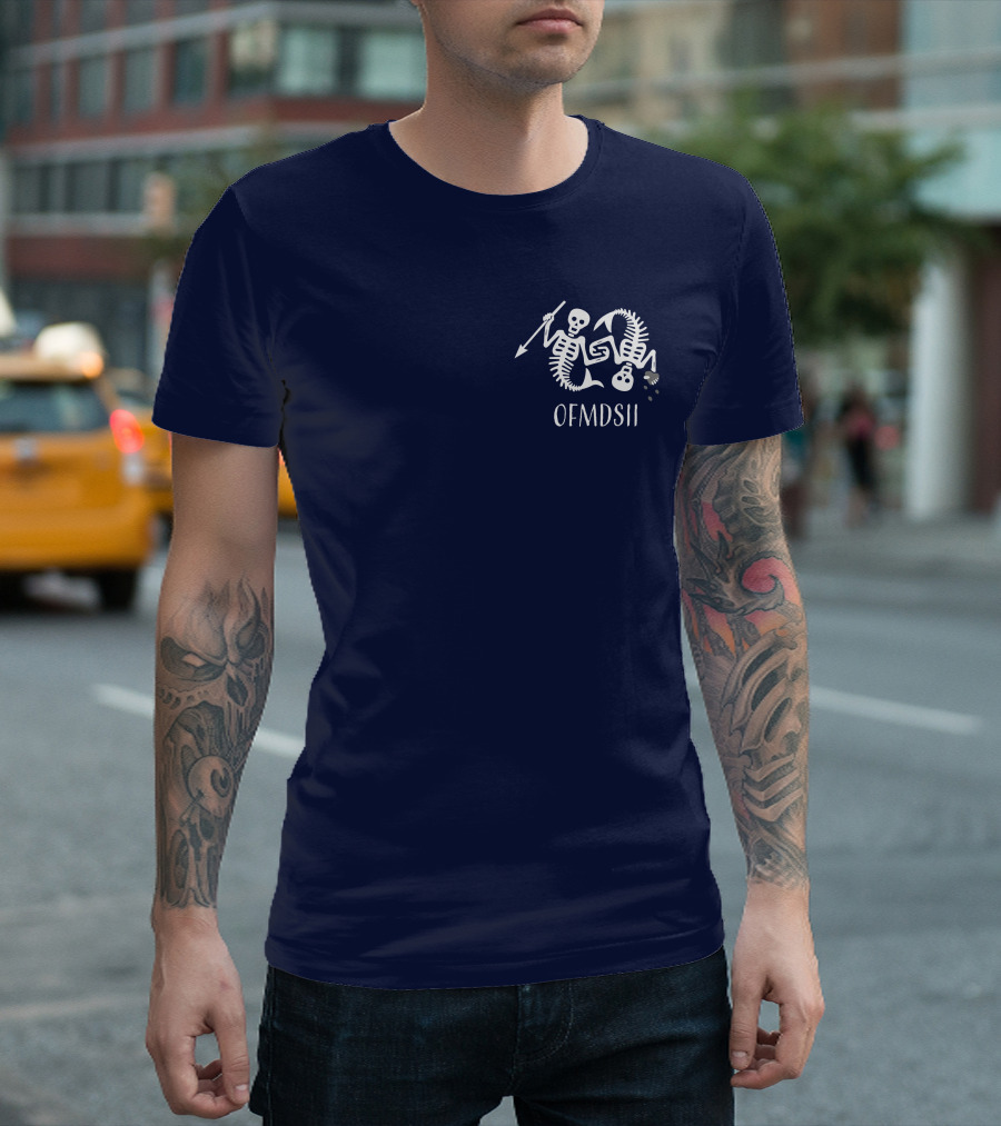 Samba Schutte Wearing OFMDSII Skeleton Arrow Design Navy T-Shirt