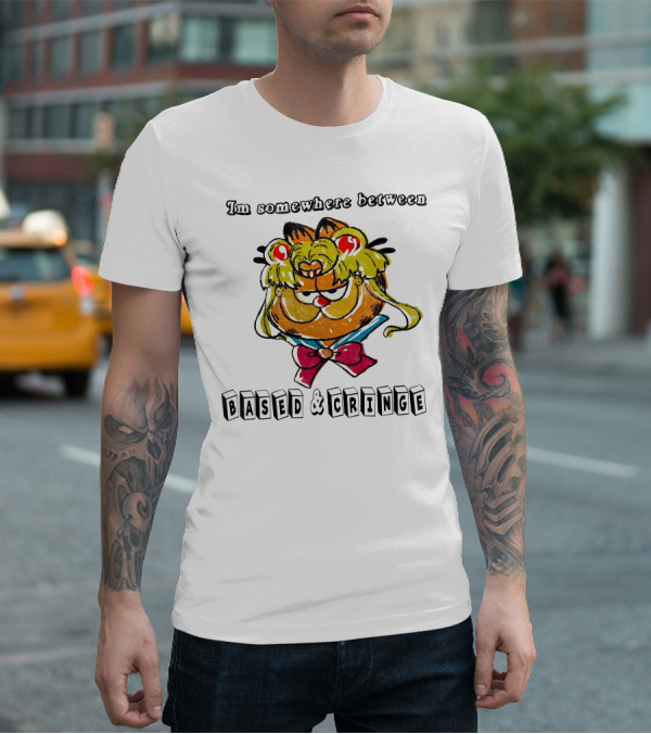 I'm Somewhere Between Based And Cringe With Cartoon Cat Mashup T-Shirt