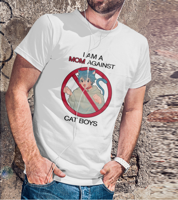 I Am A Mom Against Cat Boys Prohibition Symbol Cartoon Character With Blue Hair And Cat Ears T-Shirt