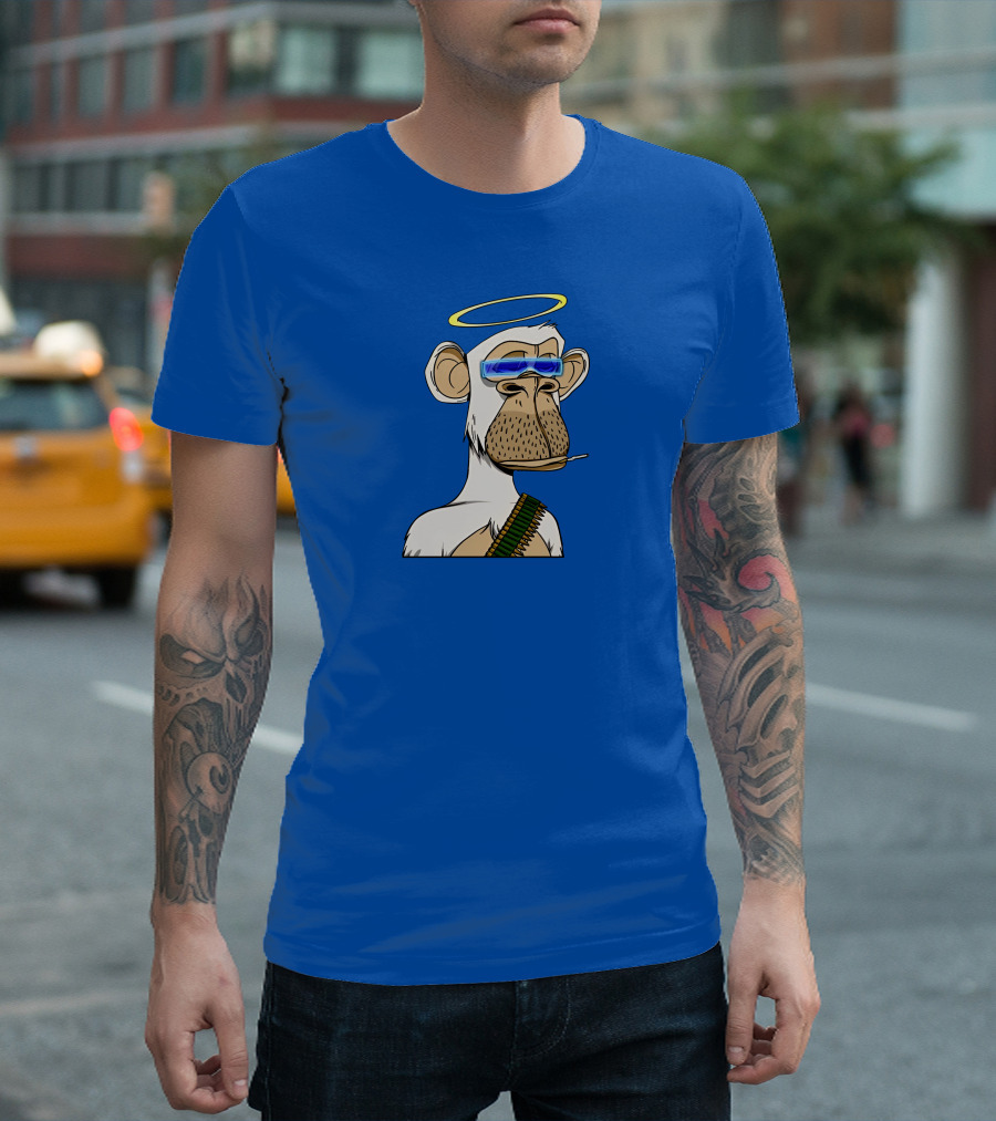 Ginotheghost Bored Ape Yacht Club Angel Halo NFT Ape Blue Background T-Shirt