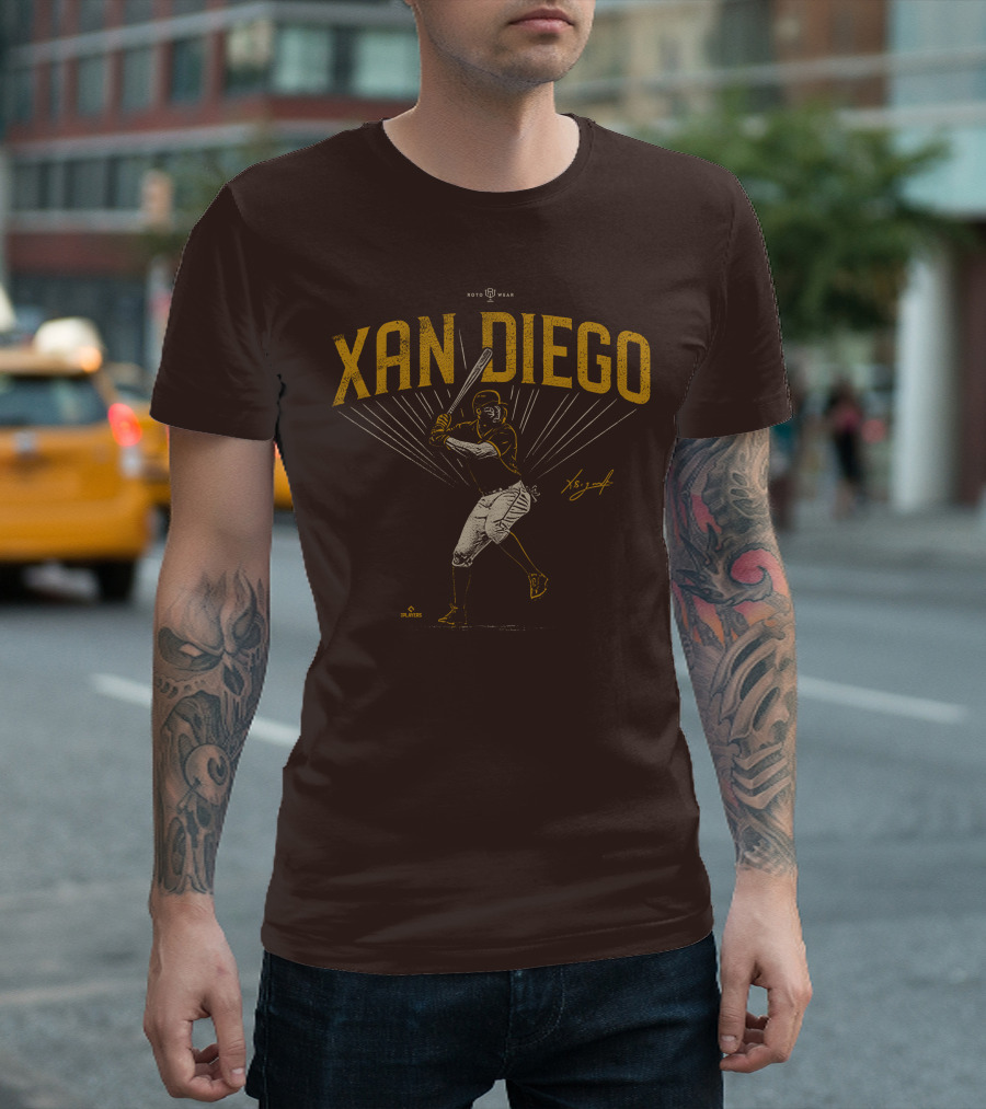 Roto Wear Xan Diego Baseball Player Swinging with Signature T-Shirt