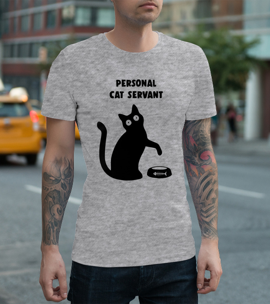 Porridgebrain Personal Cat Servant Silhouette with Fish Bone Bowl T-Shirt