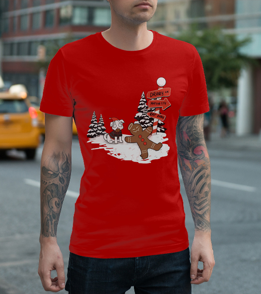 Badboyhalo Holiday Drury Lane Muffin City Rat Road Christmas Dog and Gingerbread Scene T-Shirt