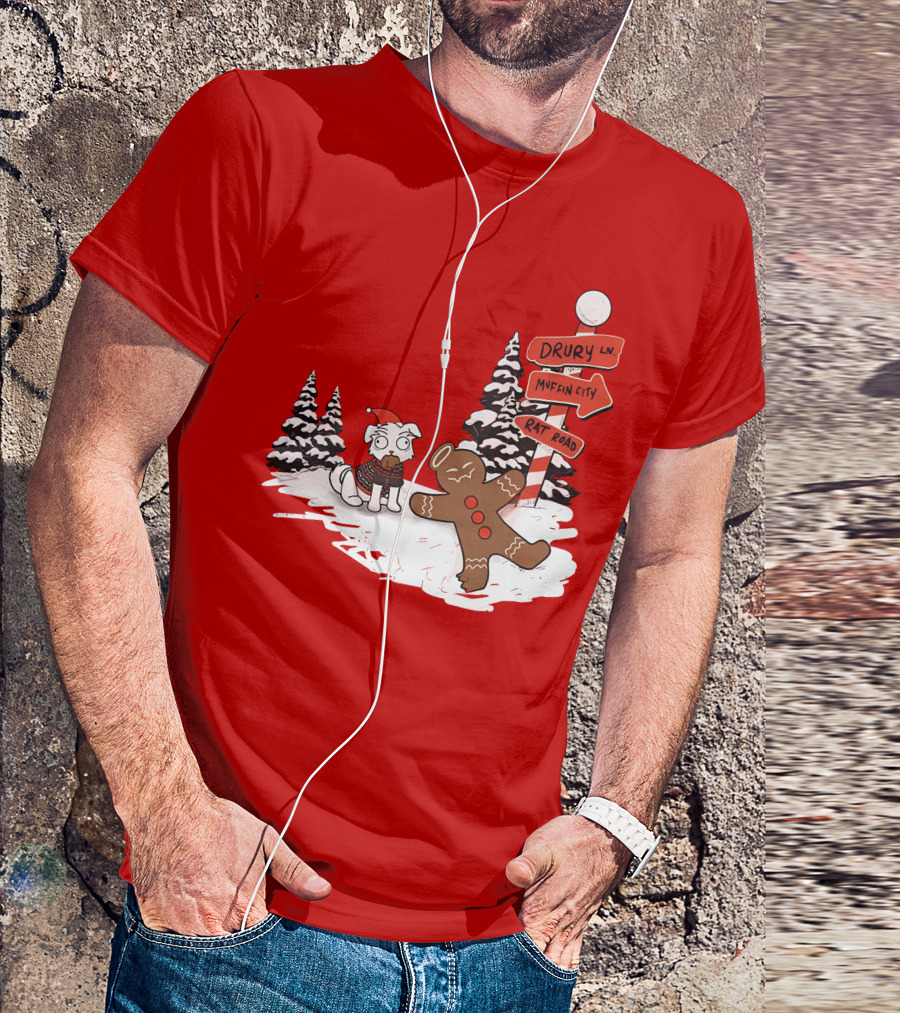Badboyhalo Holiday Drury Lane Muffin City Rat Road Christmas Dog And Gingerbread Scene T-Shirt