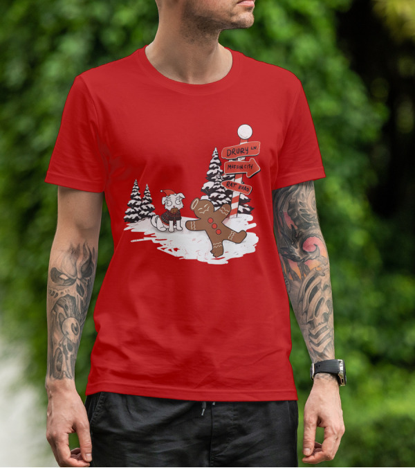 Badboyhalo Holiday Drury Lane Muffin City Rat Road Christmas Dog And Gingerbread Scene T-Shirt