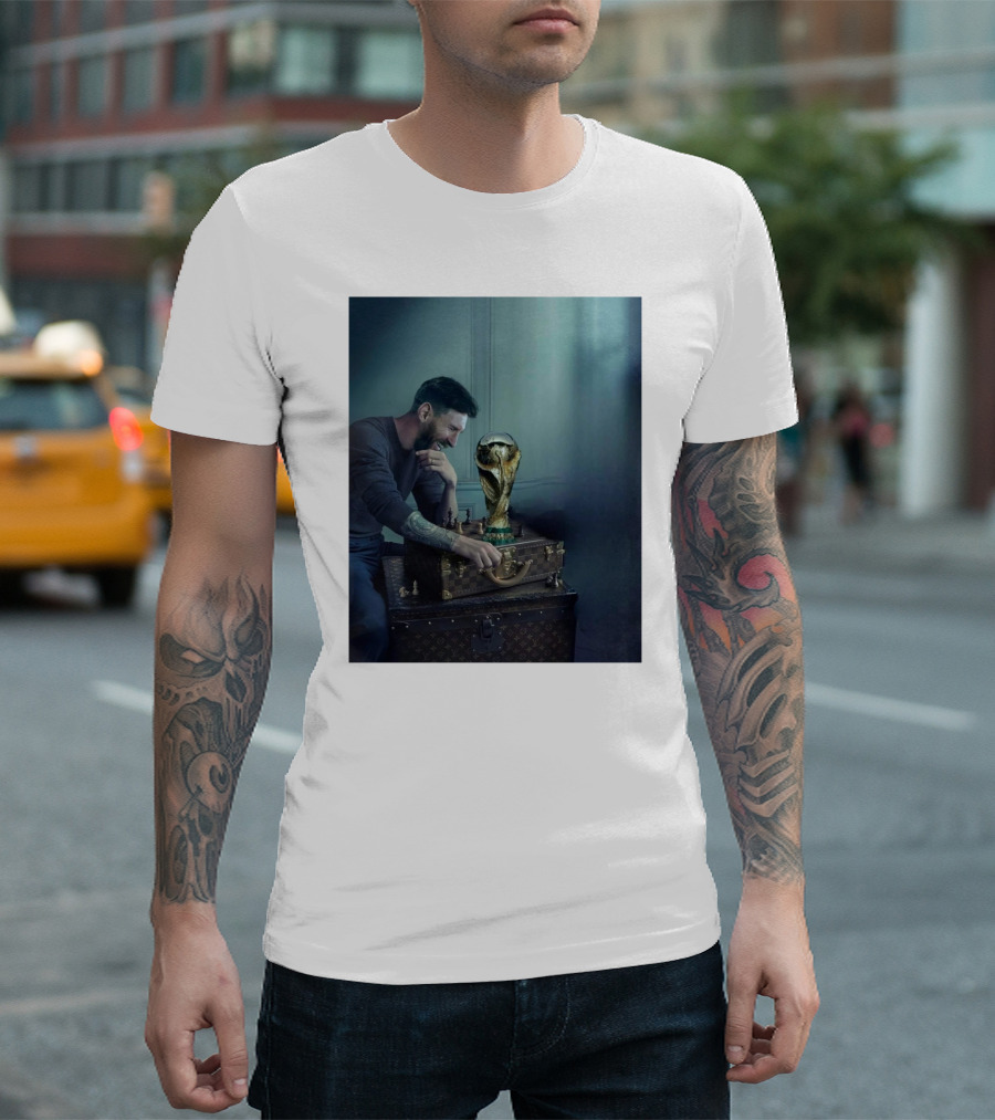 Lionel Messi Celebrates with World Cup Trophy on Luxury Trunk T-Shirt