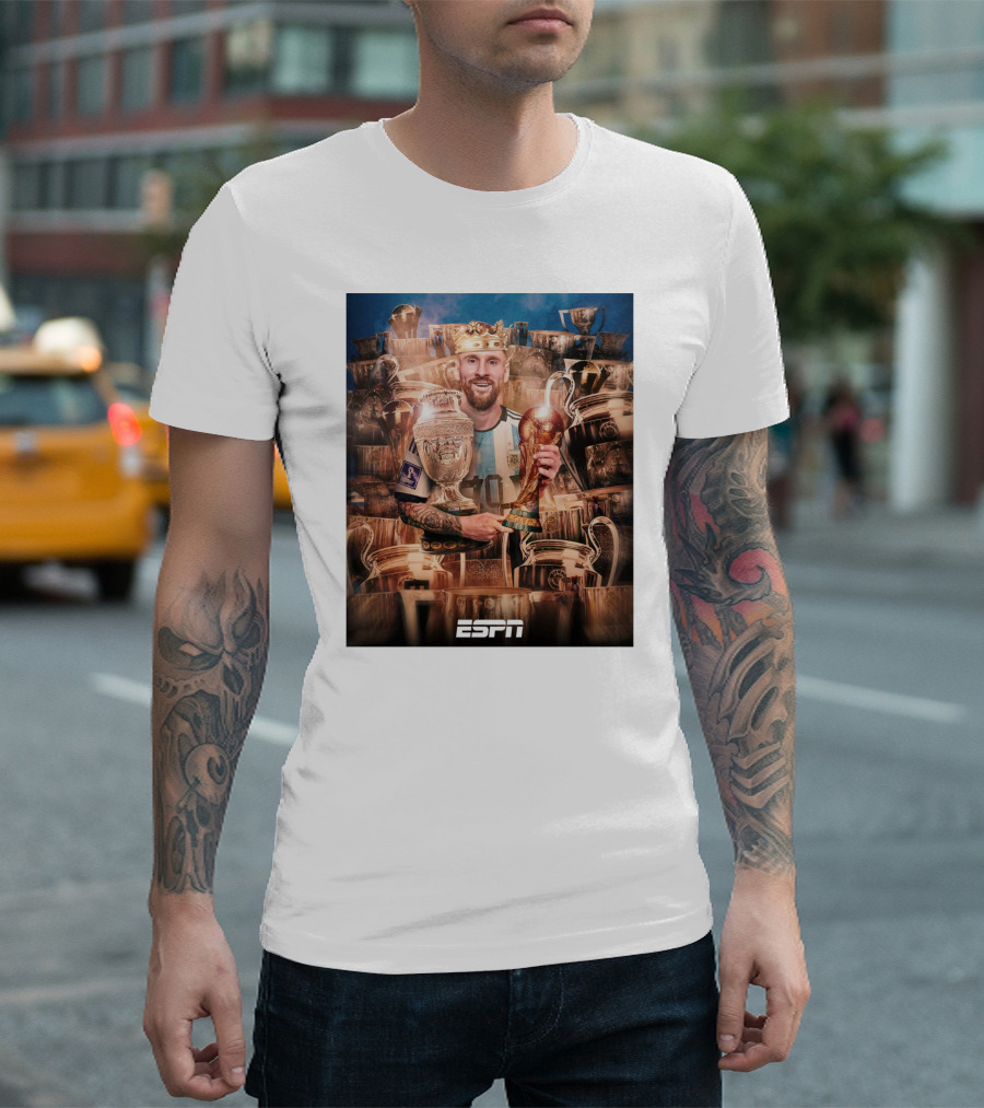 Messi King of Football Holding World Cup Trophy Surrounded by Awards ESPN T-Shirt