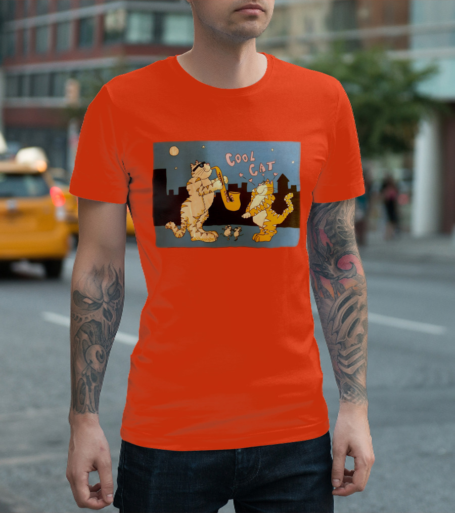 Harry Wearing Cool Cat Playing Saxophone in City Night Sky T-Shirt
