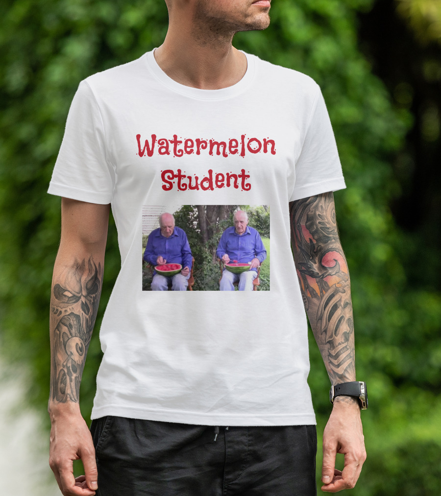 Watermelon Student Eating In Garden With Blue T-Shirt