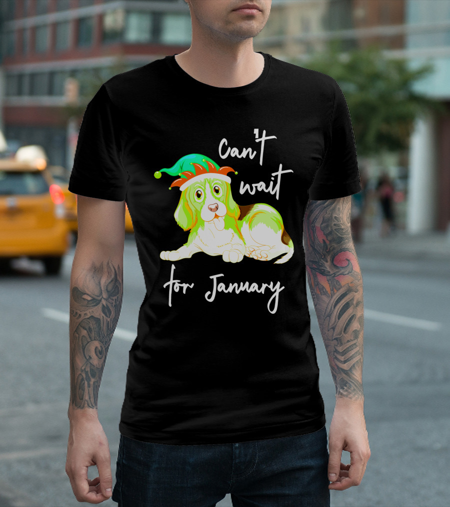 Can't Wait For January Festive Dog With Green And Red Hat T-Shirt