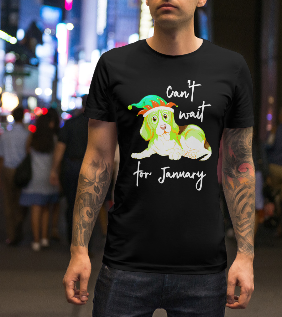 Can't Wait For January Festive Dog With Green And Red Hat T-Shirt