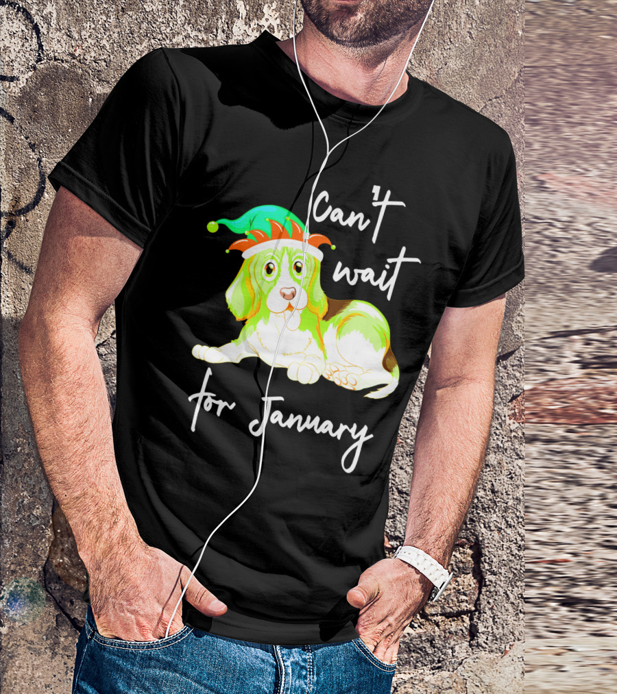 Can't Wait For January Festive Dog With Green And Red Hat T-Shirt