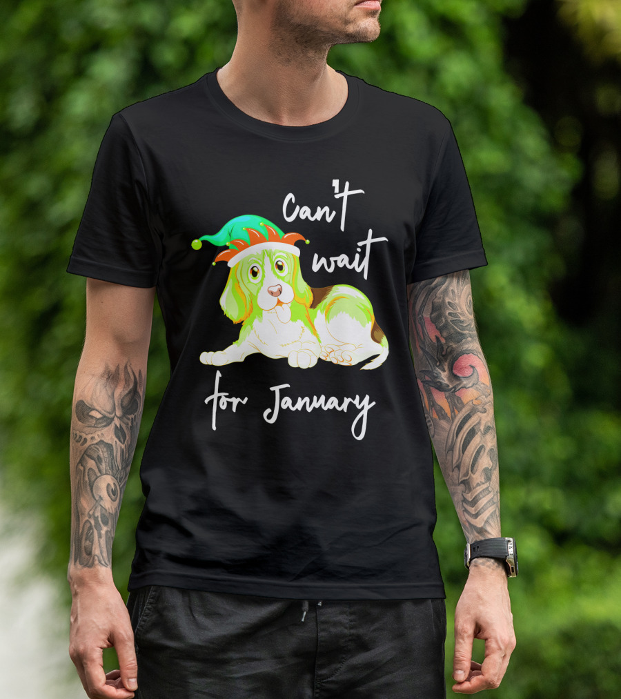 Can't Wait For January Festive Dog With Green And Red Hat T-Shirt