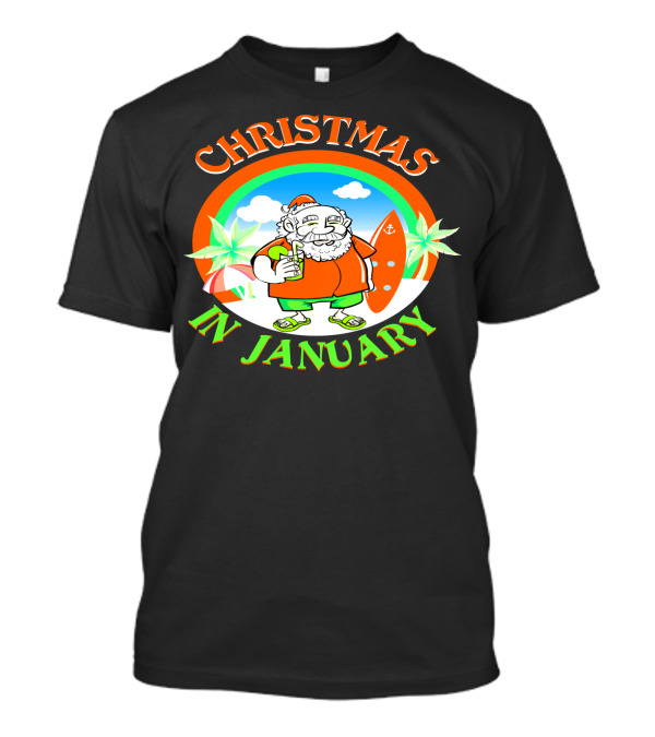 Christmas In January Santa With Surfboard And Drink T-Shirt