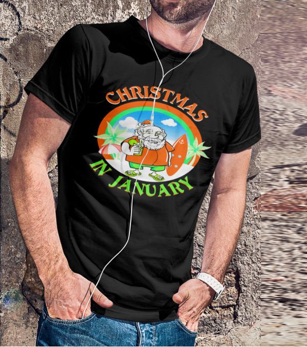 Christmas In January Santa With Surfboard And Drink T-Shirt