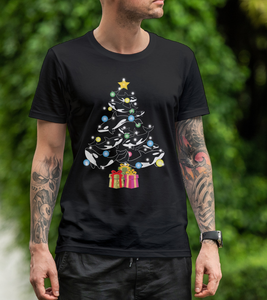 Christmas Orca Whales Tree With Gifts And Decorations T-Shirt