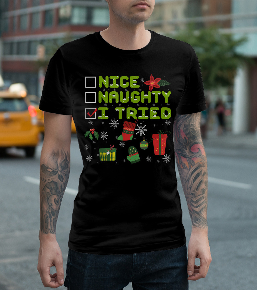 Nice Naughty I Tried Checklist Christmas Pajama With Holiday Icons T-Shirt