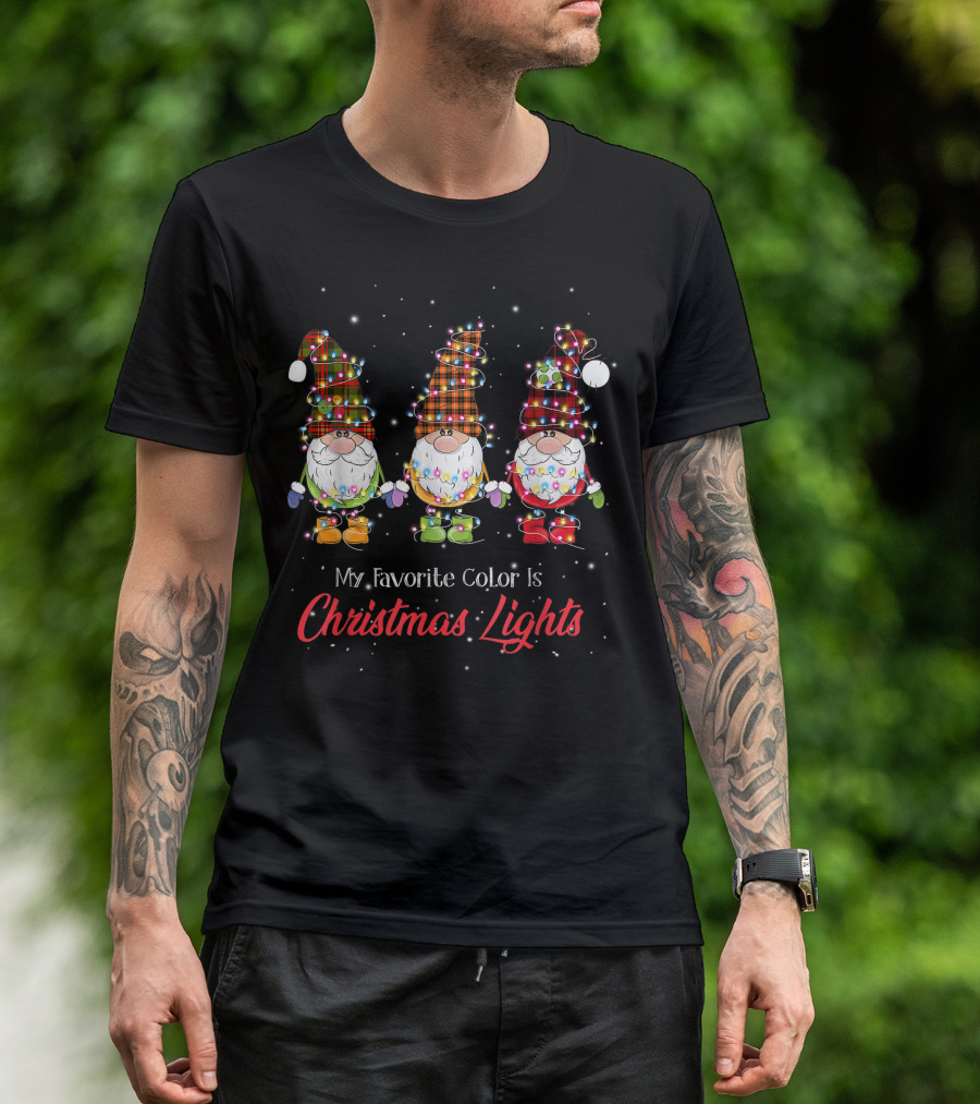 My Favorite Color Is Christmas Lights Gnomies Gnome Buffalo Plaid Trio T-Shirt