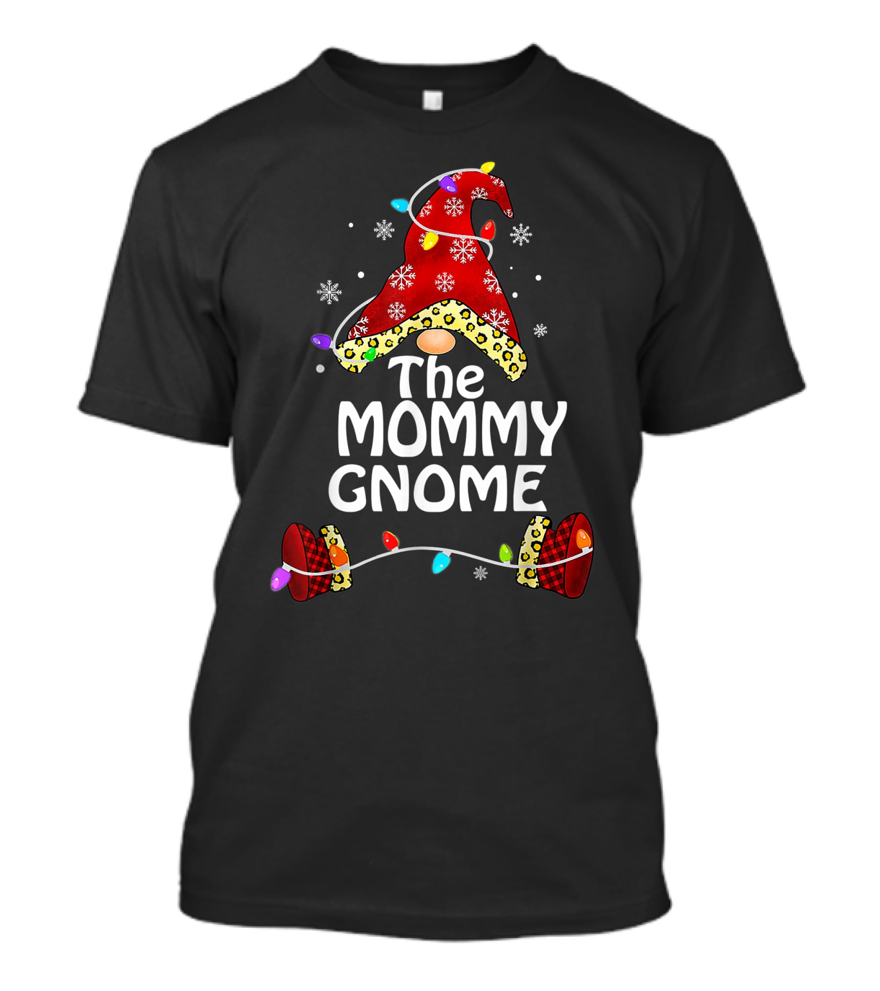The Mommy Gnome Buffalo Plaid Leopard Print Christmas Lights T-Shirt