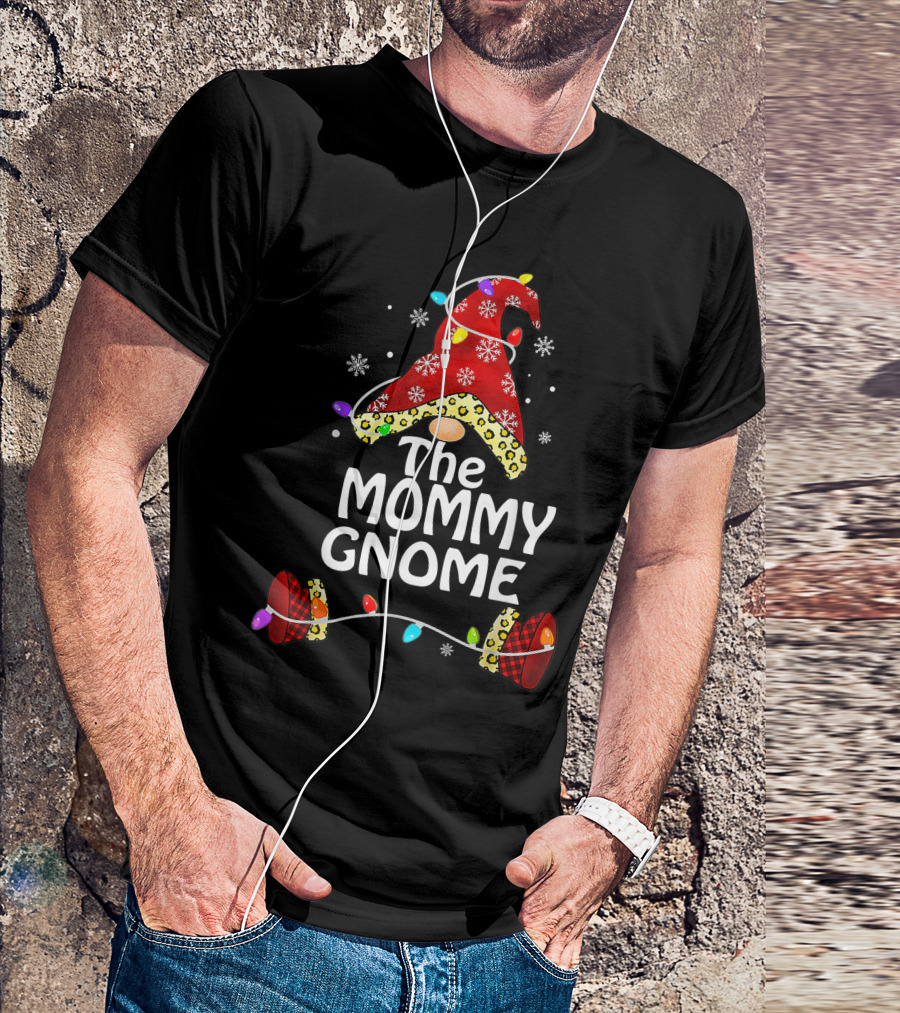 The Mommy Gnome Buffalo Plaid Leopard Print Christmas Lights T-Shirt